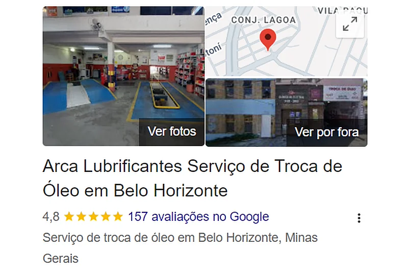 A ficha da Arca Lubrificantes no Google, com nota 4,8 e 157 avaliações