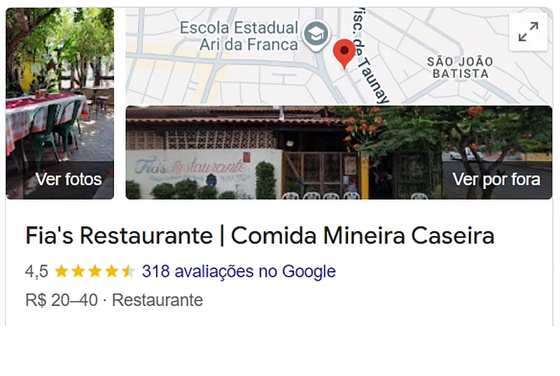 A ficha do Fia's Restaurante no Google, com nota 4,5 e 318 avaliações