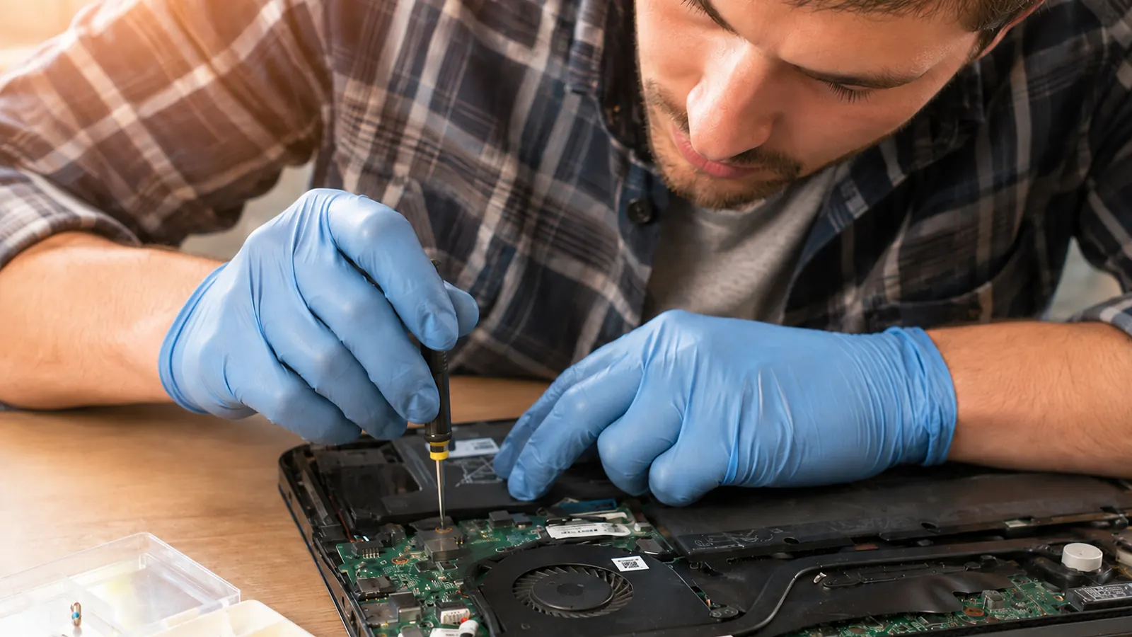 Bancada de assistência técnica com notebook aberto e ferramentas organizadas